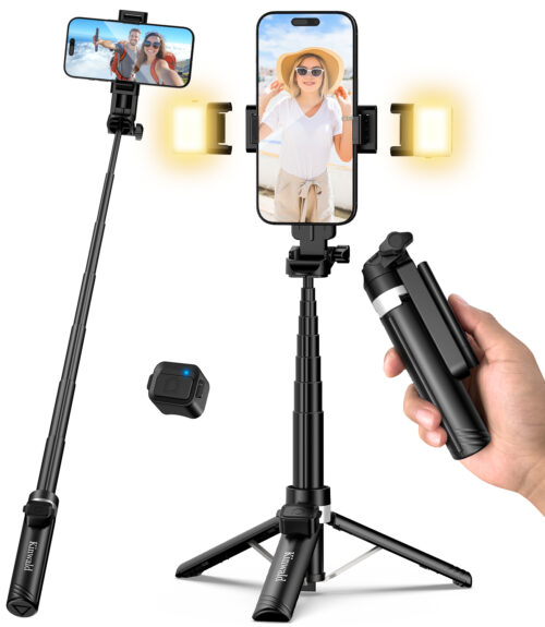 Kinwald Phone Tripod & Selfie Stick with Light, Compact iPhone Tripod Stand with Bluetooth Remote and Dual Fill Lights, Portable Tripods for Cell Phone/Vlog/Photo/Video (Black) : Cell Phones & Accessories
