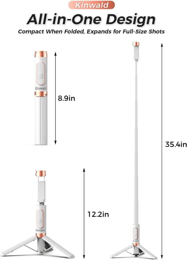 Kinwald Selfie Stick Tripod for iPhone & Android, Portable Phone Tripod Stand with Bluetooth Remote, One-Click Open, Compact & Lightweight, All-in-1 for Vlog/Travel/Photography (White) : Cell Phones & Accessories