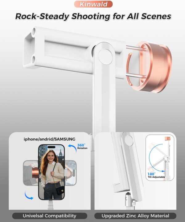 Kinwald Selfie Stick Tripod for iPhone & Android, Portable Phone Tripod Stand with Bluetooth Remote, One-Click Open, Compact & Lightweight, All-in-1 for Vlog/Travel/Photography (White) : Cell Phones & Accessories