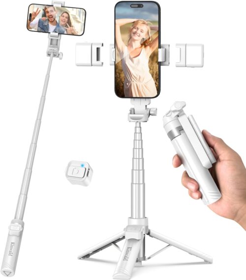 61PKZ7Dab9L._AC_SL1500_.jpg Kinwald Phone Tripod & Selfie Stick with Light, Compact iPhone Tripod Stand with Bluetooth Remote and Dual Fill Lights, Portable Tripods for Cell Phone/Vlog/Photo/Video (White) : Cell Phones & Accessories