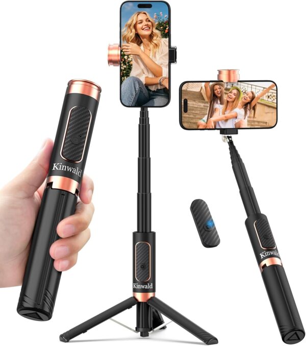Kinwald Selfie Stick Tripod for iPhone & Android, Portable Phone Tripod Stand with Bluetooth Remote, One-Click Open, Compact & Lightweight, All-in-1 for Vlog/Travel/Photography (Black) : Cell Phones & Accessories
