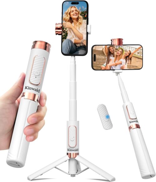 Kinwald Selfie Stick Tripod for iPhone & Android, Portable Phone Tripod Stand with Bluetooth Remote, One-Click Open, Compact & Lightweight, All-in-1 for Vlog/Travel/Photography (White) : Cell Phones & Accessories